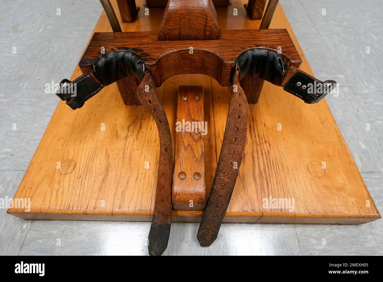 Leg restraints on the electric chair in the death chamber at