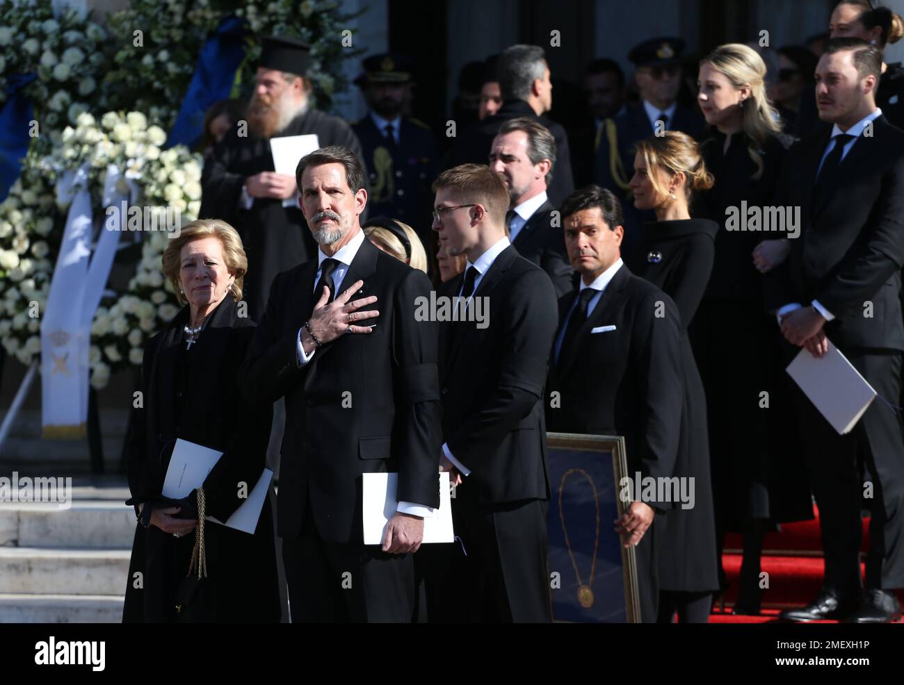 Queen Anne Marie of Greece with her family at the funeral for former King Constantine II of Greece, in Metropolitan Cathedral Stock Photo