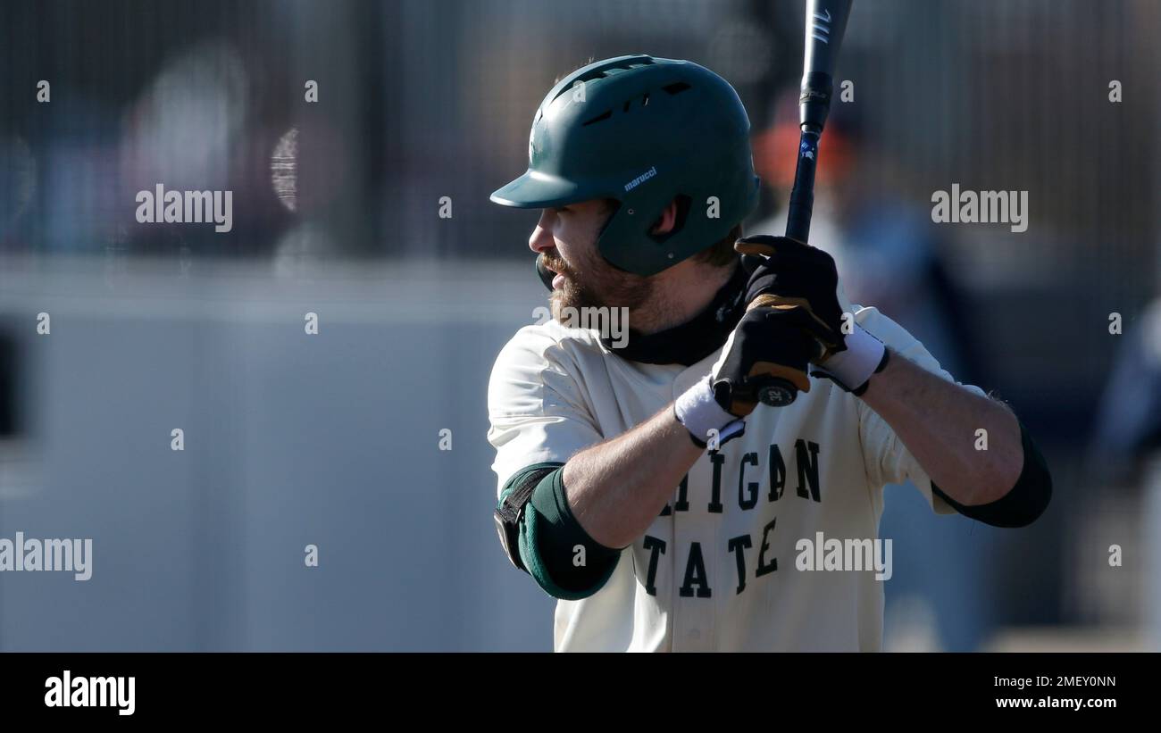 Michigan State's Zach Iverson bats during an NCAA baseball game on  Saturday, March 20, 2021, in Ann Arbor, Mich. (AP Photo/Al Goldis Stock  Photo - Alamy