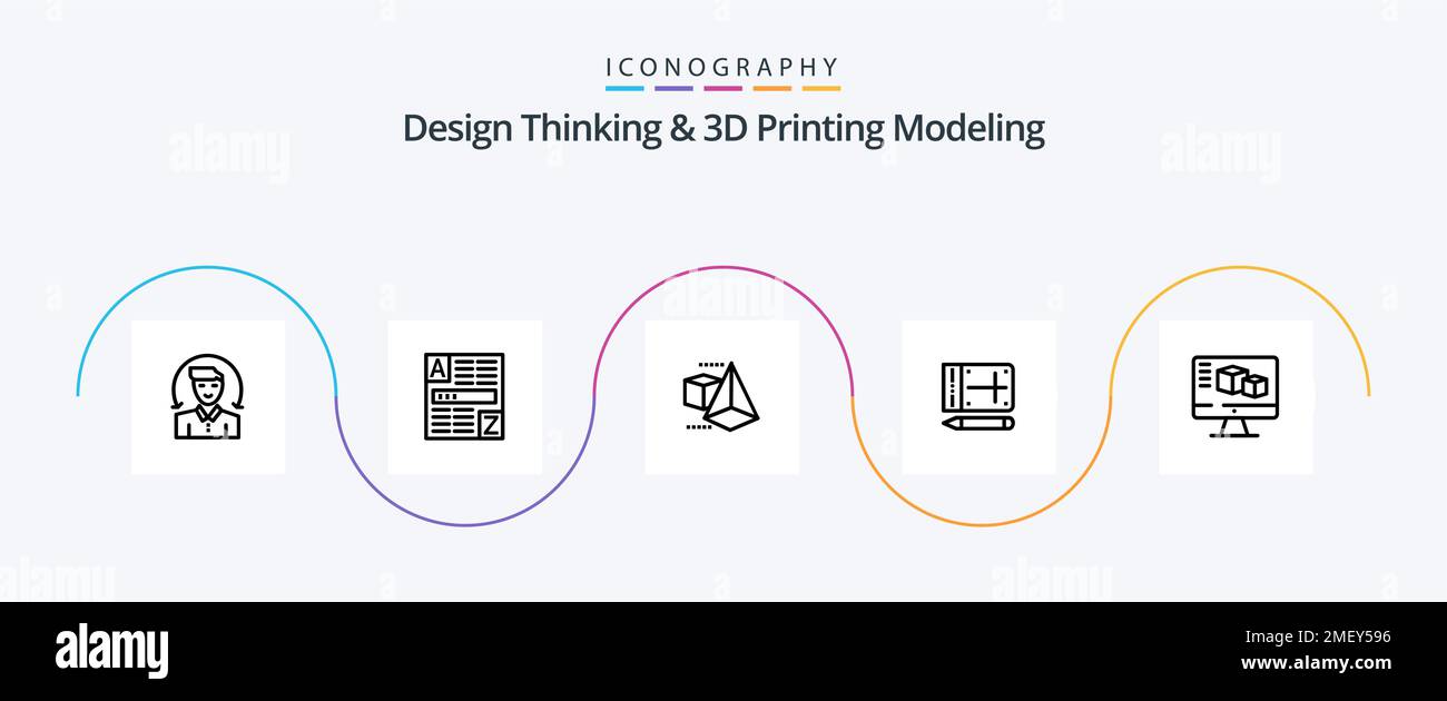 Design Thinking And D Printing Modeling Line 5 Icon Pack Including box. computer. d modeld. education. pencil Stock Vector