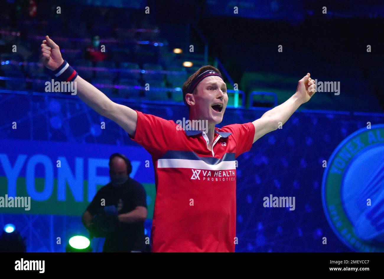 Denmark s Viktor Axelsen celebrates after winning the men s