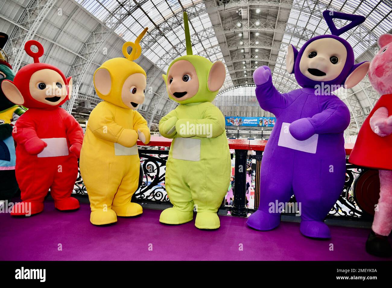 London, UK. Teletubbies. Toy Fair 2023 plays host to more than 250 exhibiting companies covering 22,000 square metres of Olympia, London. Toyfair has 10,000 followers on Twitter and the Instagram page has launched for 2023. Credit: michael melia/Alamy Live News Stock Photo
