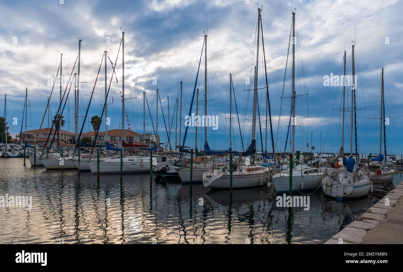 Sailboat in the marina of Mèze in the south of France, in Occitanie Stock Photo