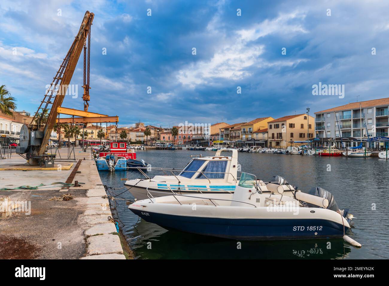 Panorama of the Mèze harbor in the south of France, in Occitanie Stock Photo