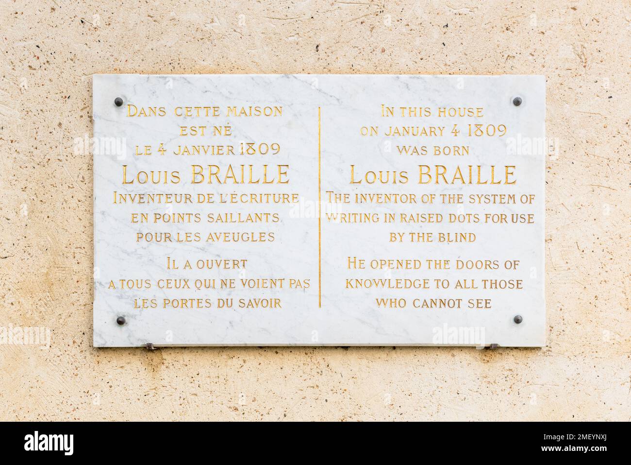 Memorial Plaque at the Birthplace of Louis Braille in Coupvray, France. Louis Braille invented the Braille system, intended for the visually impaired Stock Photo