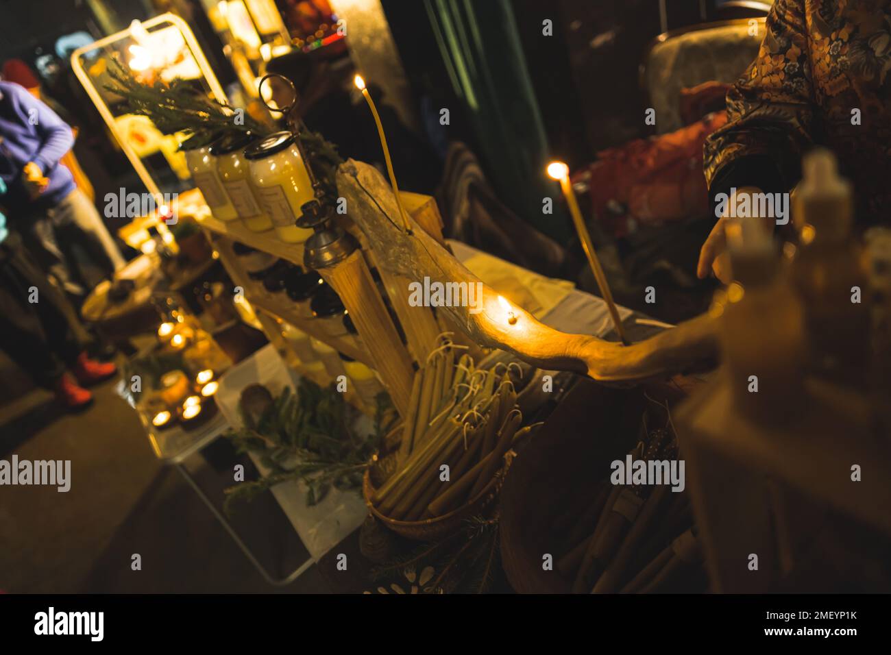 Makers market stall with wax candles. High quality photo Stock Photo