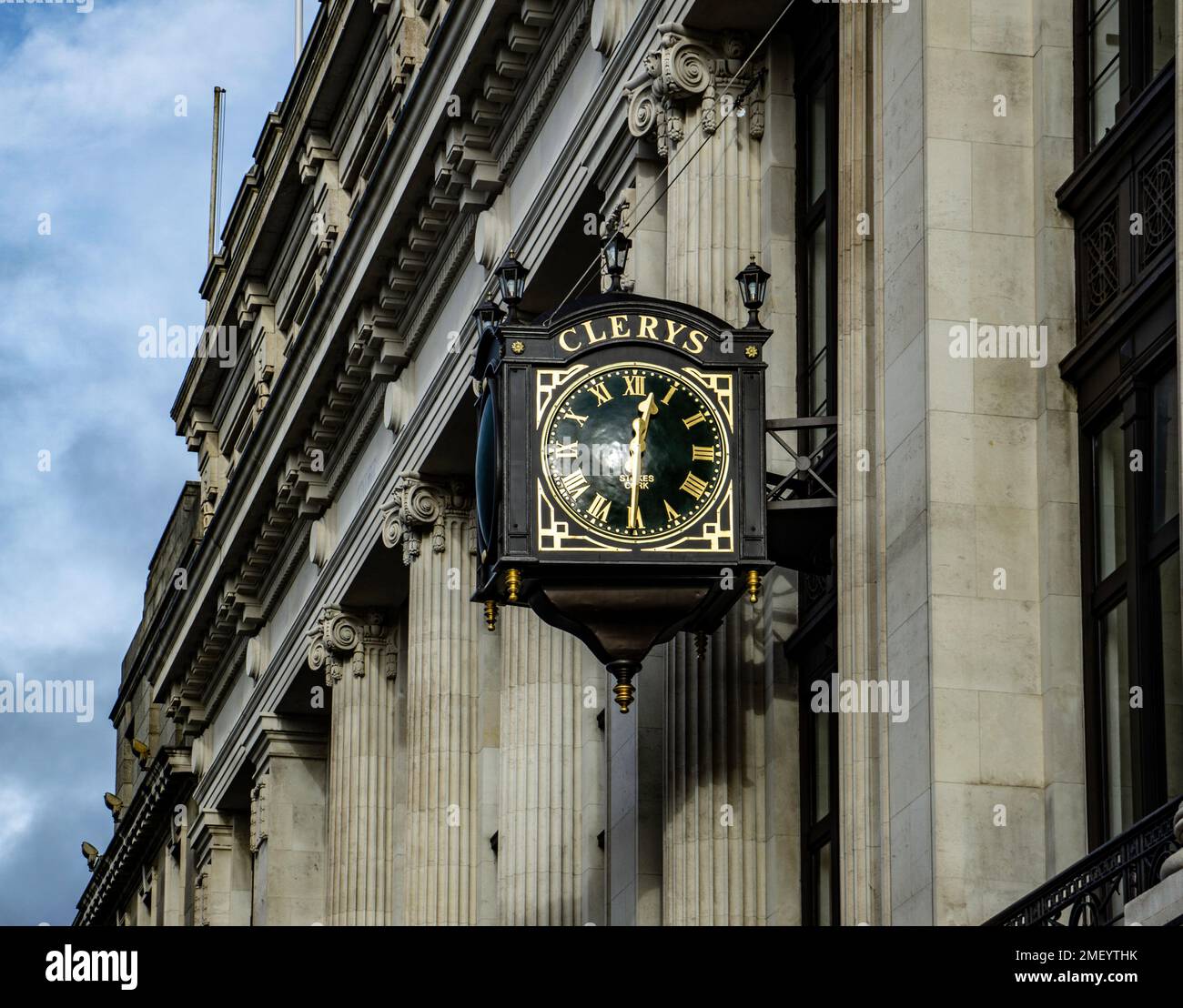 The famous Clery’s Clock unveiled in January 2022 following its refurbishment. On the Clerys Quarter in O’Connell St. Dublin, Ireland. Stock Photo
