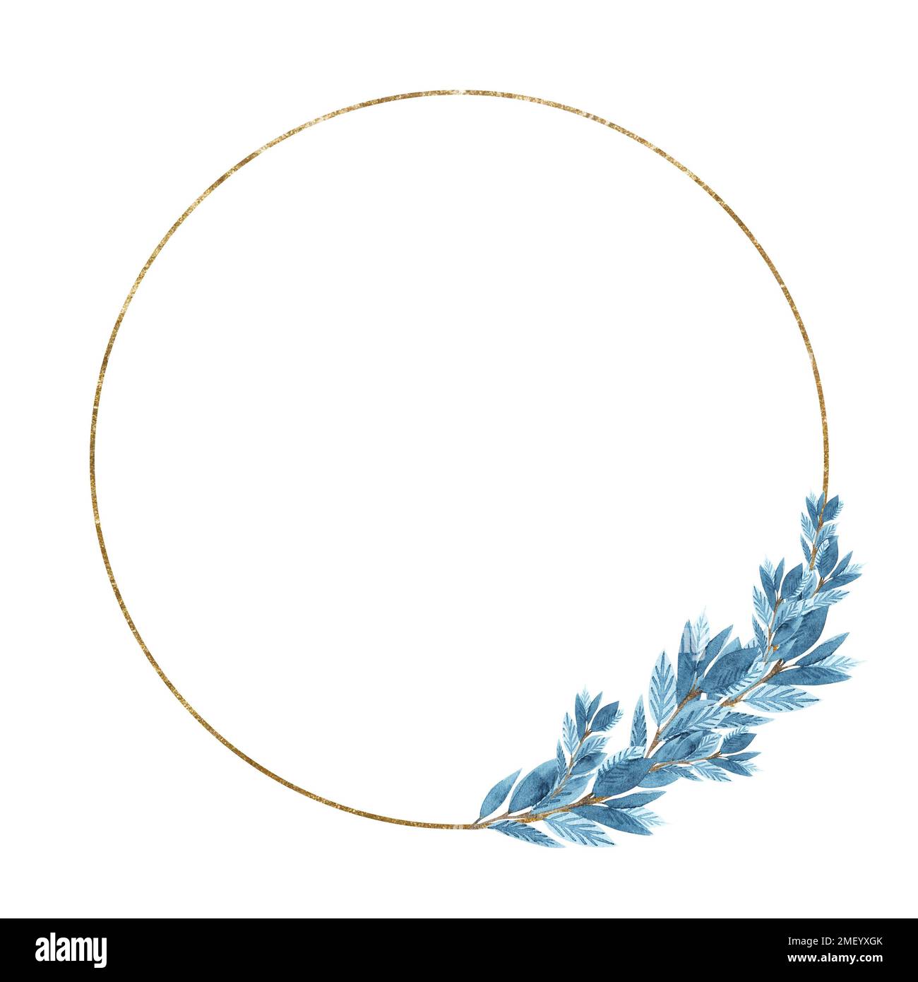 watercolor painting golden circle floral frame with blue blue leaves ...