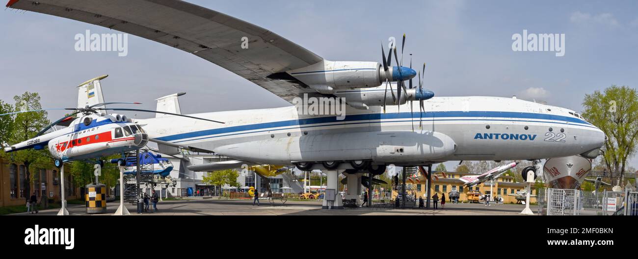 Speyer, Germany - April 2022: Panoramic view of a Russian Antonov AN22 cargo plane on disply at the Technik Museum Speyer. Stock Photo