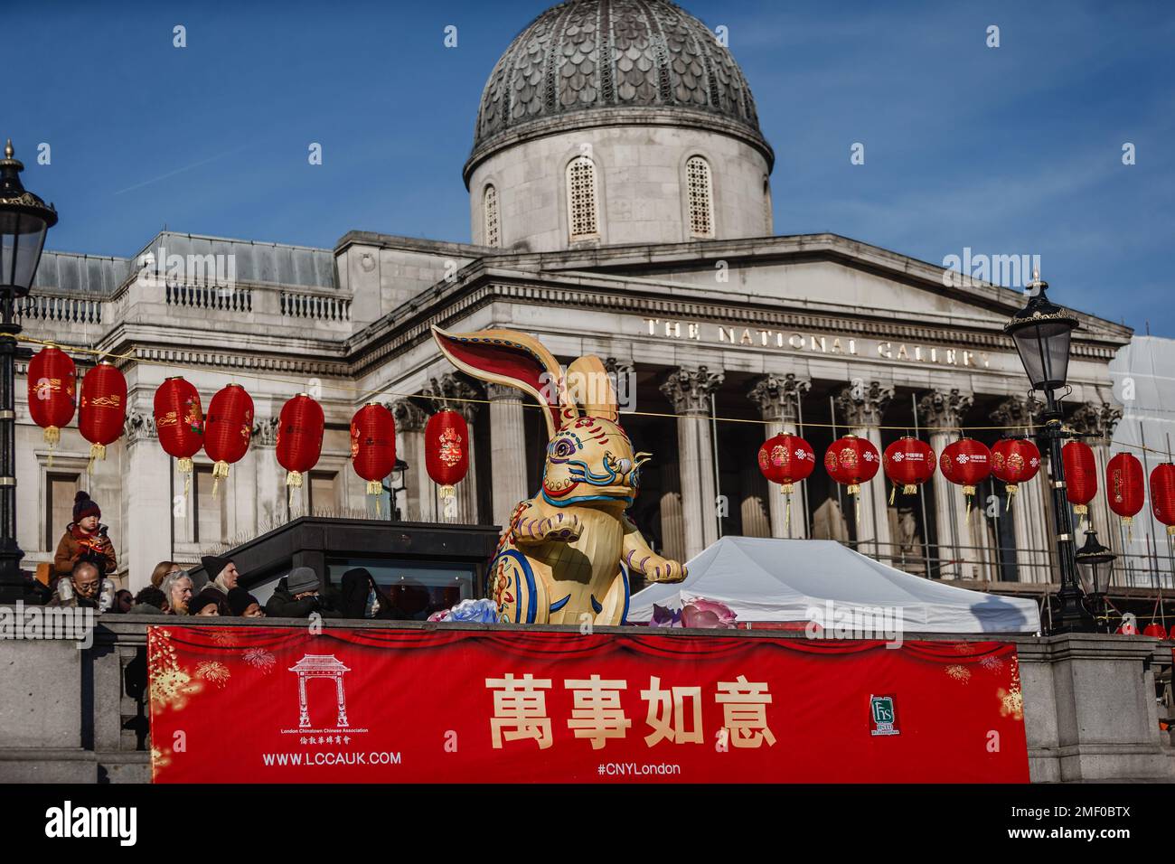 A giant rabbit sits outside the National Gallery, and above Trafalgar Square during the lunar new year celebrations. Stock Photo