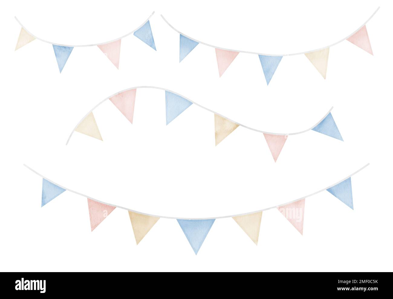 Watercolor Garlands set. Hand drawn illustration of Pennant on isolated background in pastel blue and pink colors. Hanging with triangular flags for party celebration. Decor for happy birthday. Stock Photo