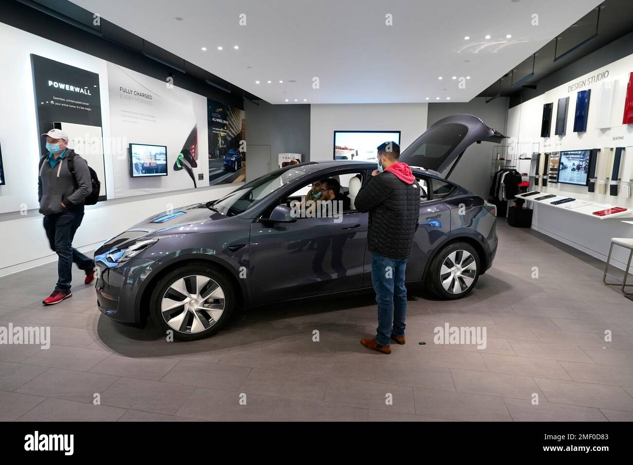 A Tesla Model Y Long Range is displayed at the Tesla Gallery on Feb. 24