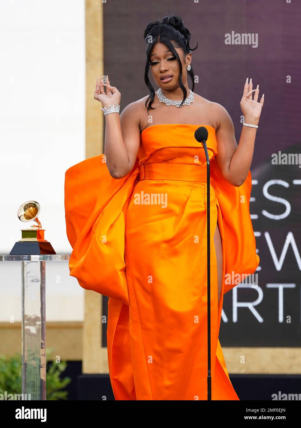 Megan Thee Stallion accepts the award for best new artist at the 63rd