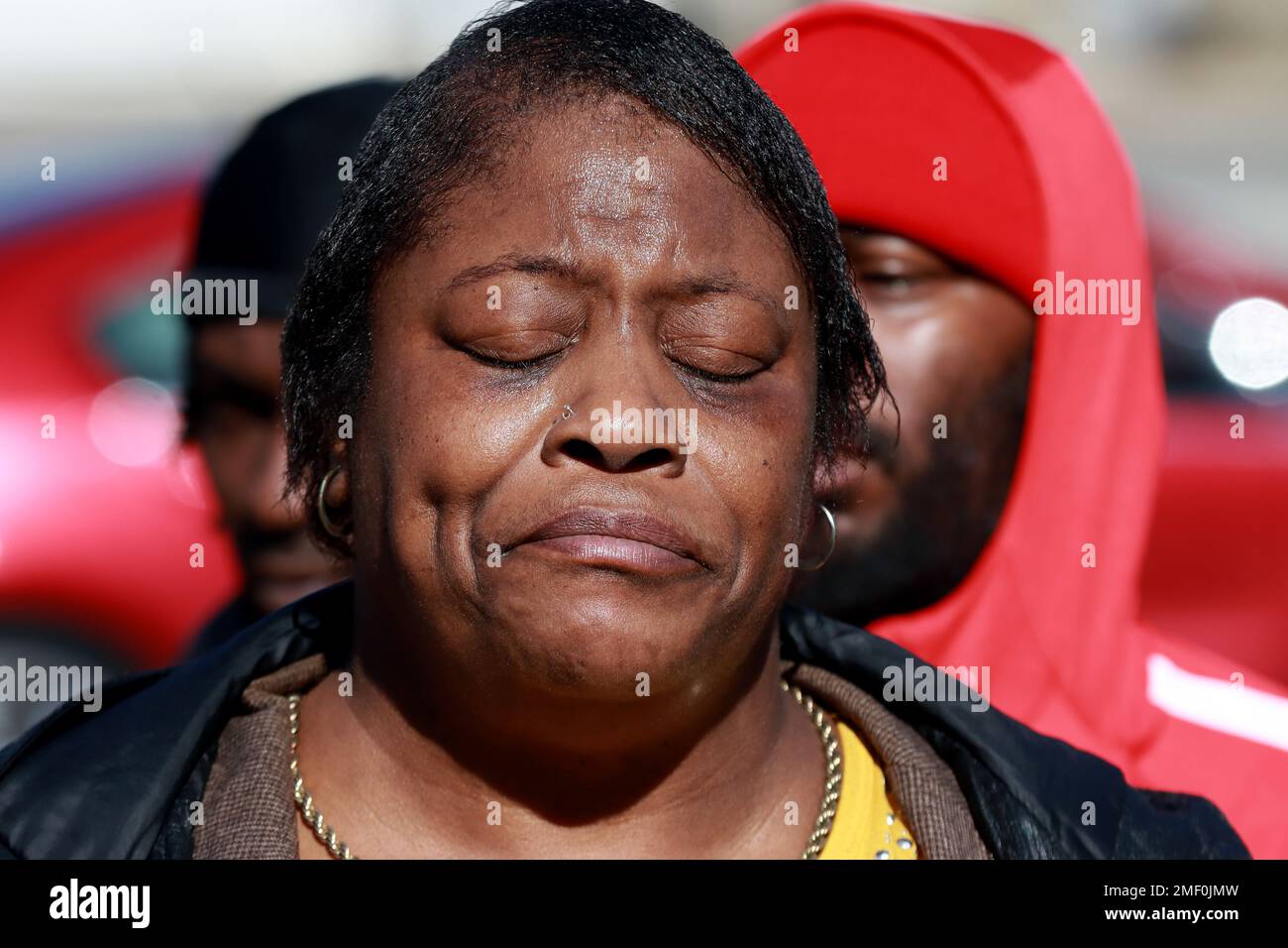 Raleigh, North Carolina, USA. 24th Jan, 2023. SONYA WILLIAMS, mother of Darryl Williams listens as social activists made a list of demands to the police department at Martin Luther King Jr. Memorial Gardens. Darryl Williams was shocked by a Taser three times and later died in the custody of Raleigh police could be heard on body camera footage yelling that he had a heart condition. Credit: ZUMA Press, Inc./Alamy Live News Stock Photo