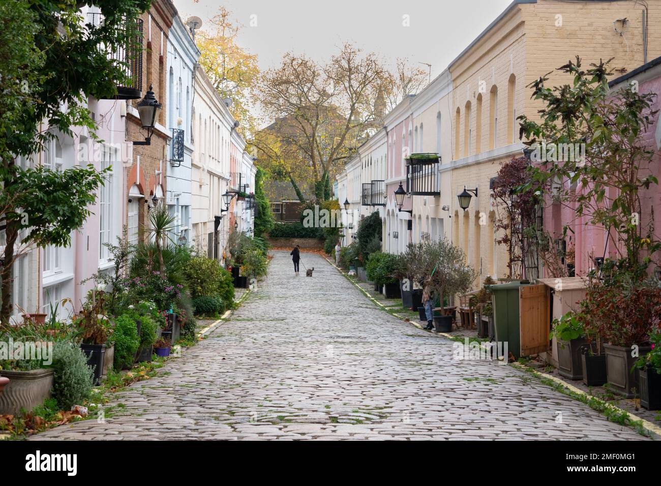 Pretty narrow Mews with cobbled street Ennismore gardens Mews Westminister London England Stock Photo
