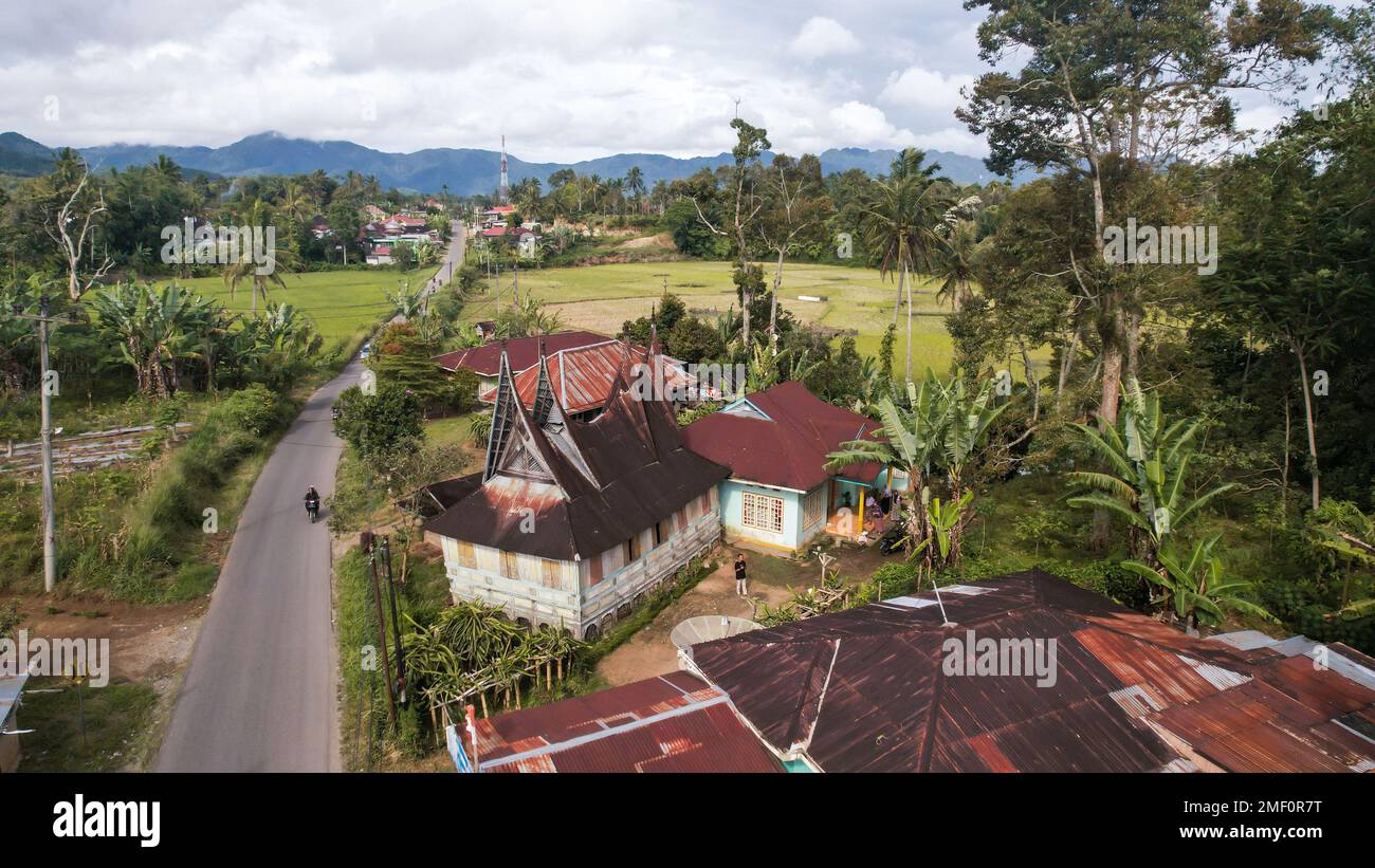 Aerial view of Traditional Minangkabau houses located in Bukittinggi, West Sumatra, Indonesia. Bukittinggi, Indonesia - January 25, 2023 Stock Photo