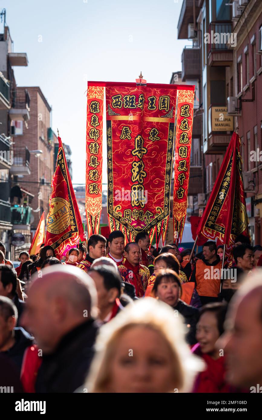 Madrid, Spain; 22nd January 2023: Head of the Parade with Flags with Chinese New Year symbols in the Usera neighborhood, Madrid. Spain Stock Photo