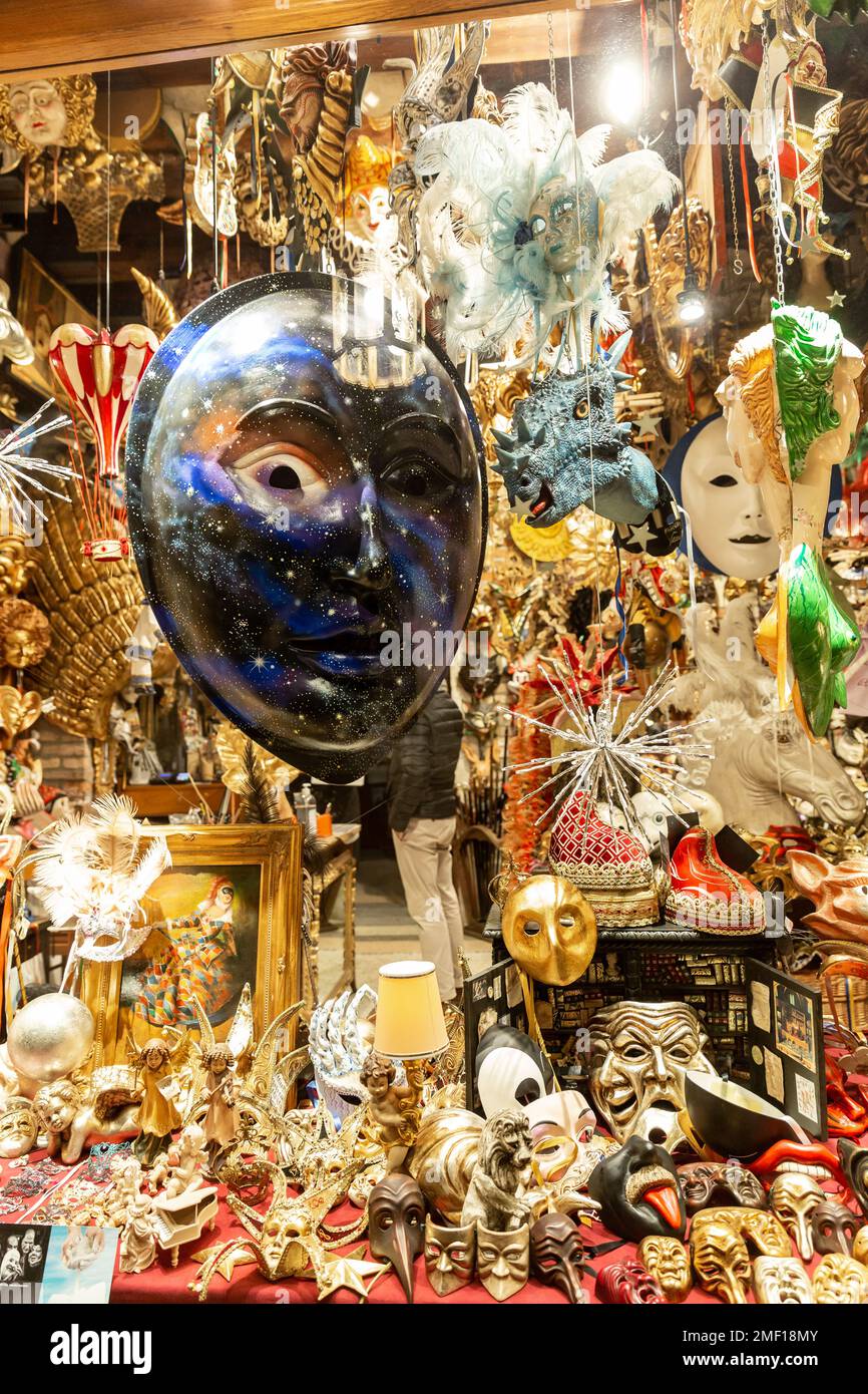 Decorative handmade venetian face masks for sale in shop, Venice, Italy. Stock Photo
