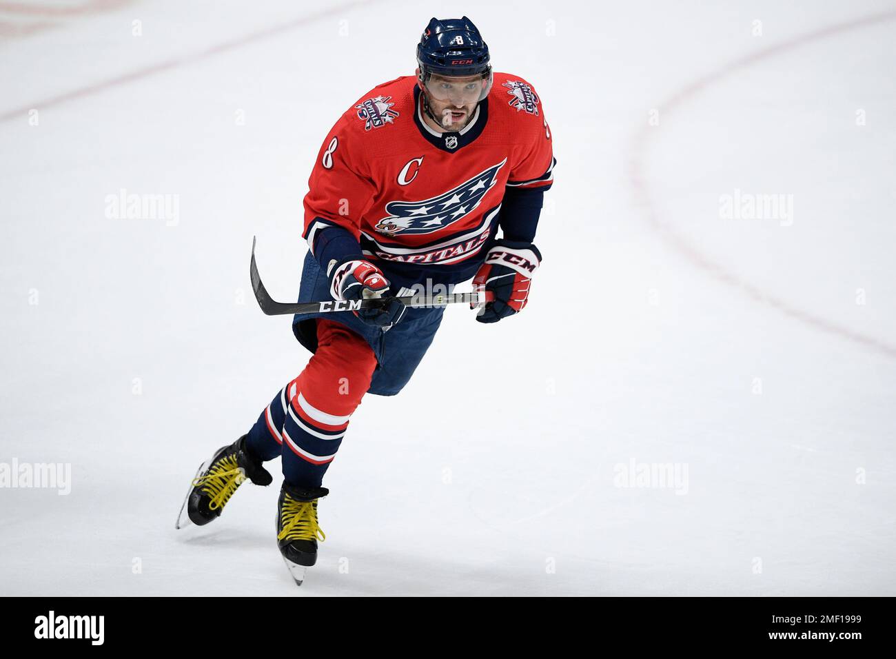 Washington Capitals left wing Alex Ovechkin (8), of Russia, in action  during the first period of an NHL hockey game against the New Jersey  Devils, Tuesday, March 9, 2021, in Washington. (AP