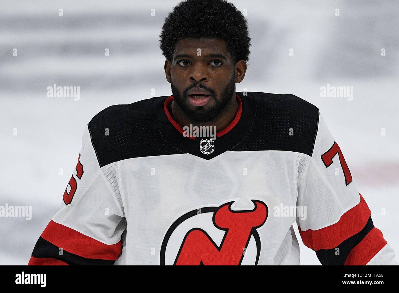 New Jersey Devils defenseman P.K. Subban (76) stretches before an NHL  hockey game against the Vancouver Canucks Monday, Feb. 28, 2022, in Newark,  N.J. The Devils wore warmup jerseys designed by Subban