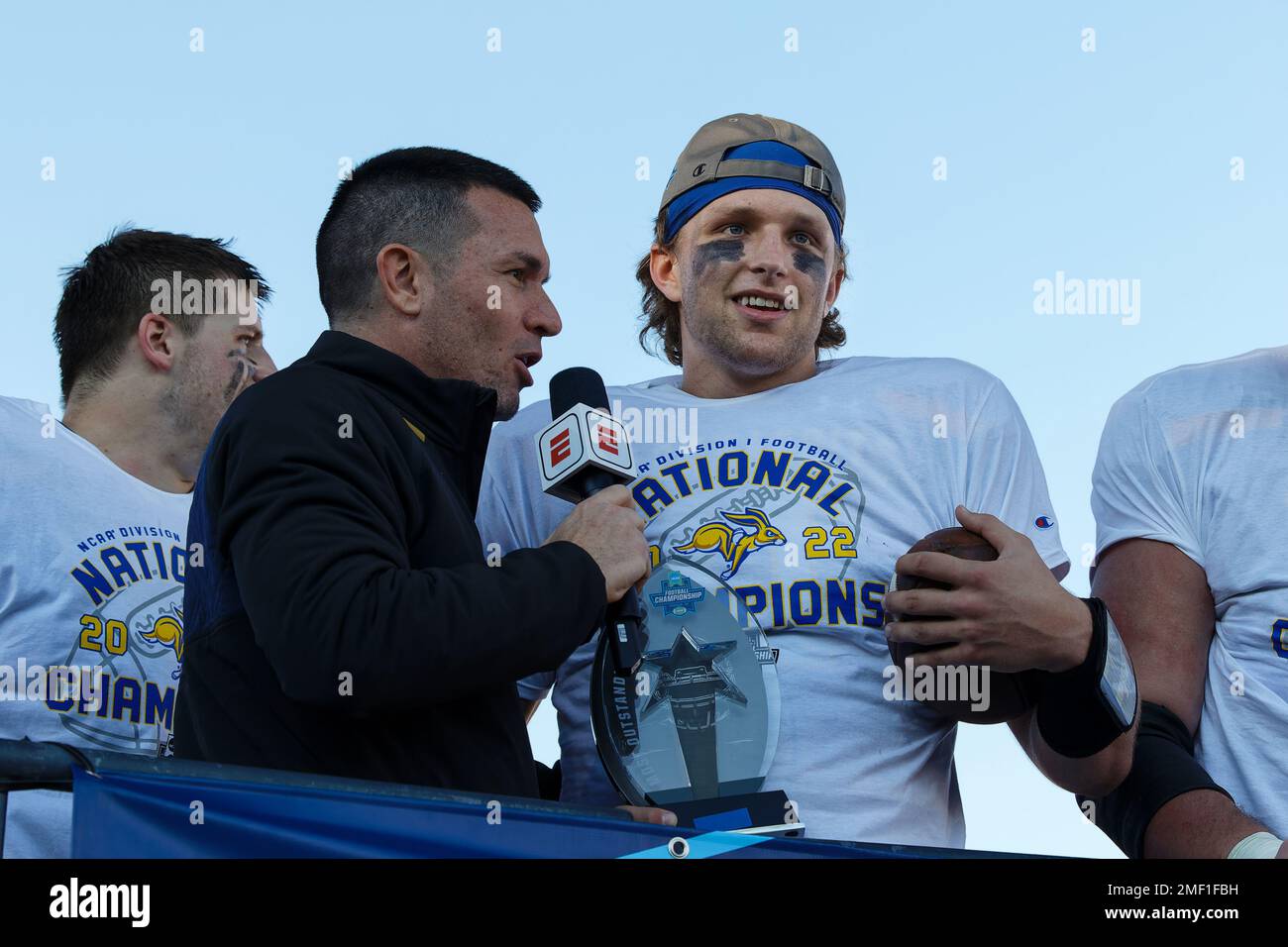 South Dakota State Jackrabbits quarterback Mark Gronowski being interviewed after winning the games most outstanding player award as SDSU dominates in Stock Photo