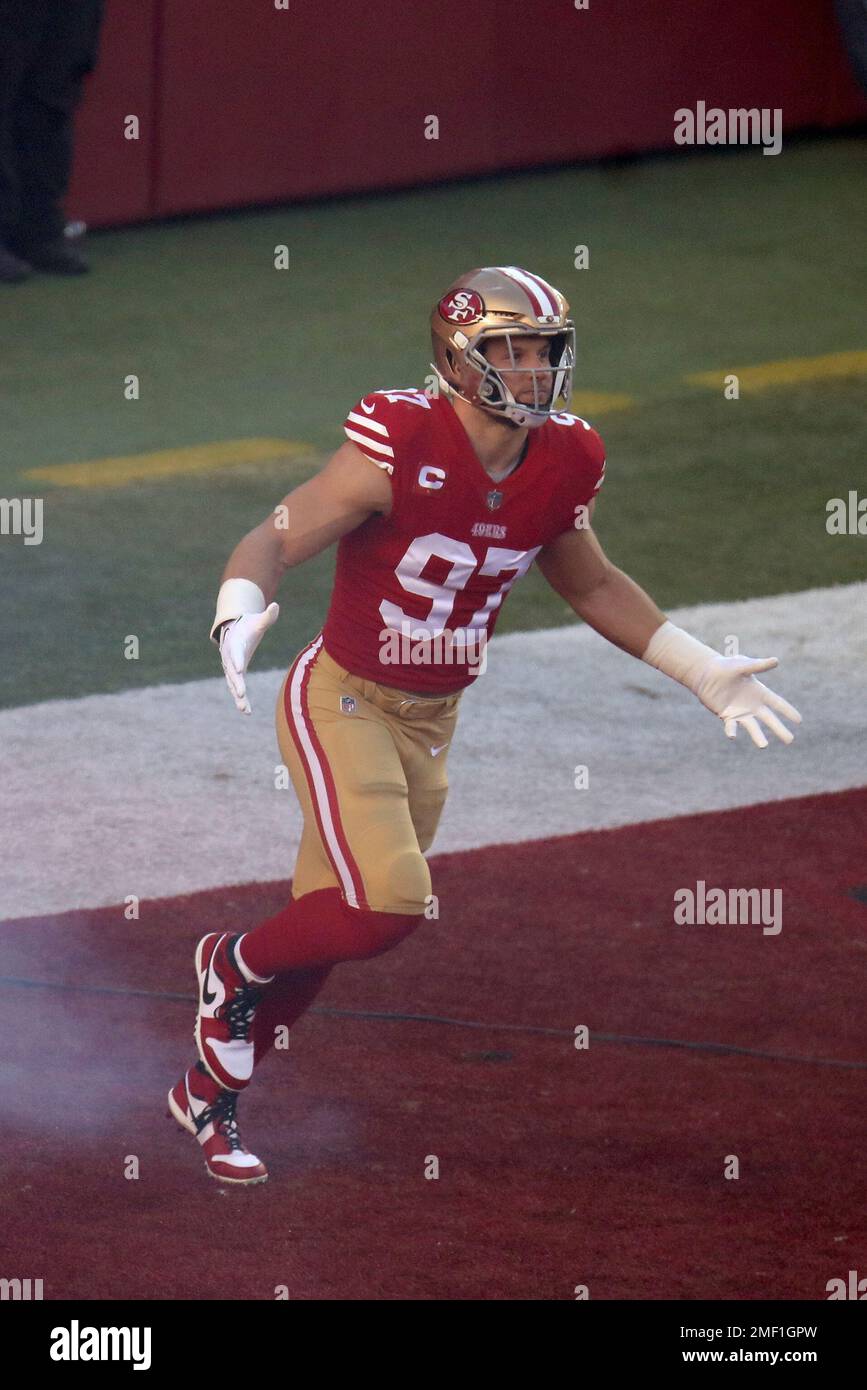 Nick Bosa of the San Francisco 49ers runs onto the field prior to