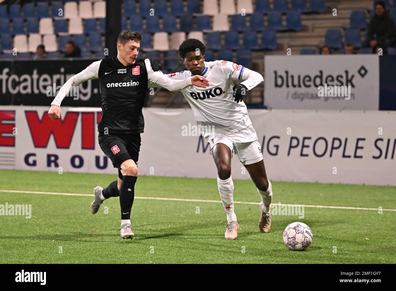 VELSEN-IJMUIDEN, NETHERLANDS - JANUARY 24: Ruben van Bommel of MVV  Maastricht, Yahya Boussakou of SC Telstar during the Dutch  Keukenkampioendivisie match between Telstar and MVV Maastricht at BUKO  Stadion on January 24,