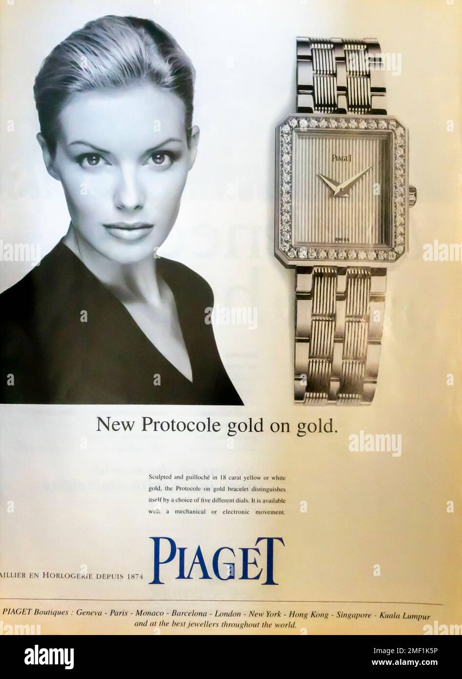 Piaget New Protocole gold on gold watch print advert with Linda Evangelista, - winter 1997-1998 Stock Photo