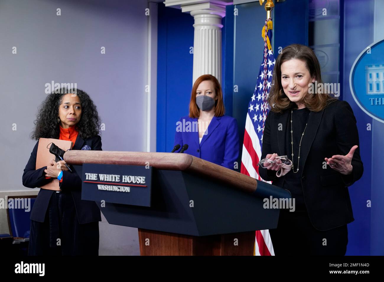 Gender Policy Council cochair Jennifer Klein, right, speaks alongside