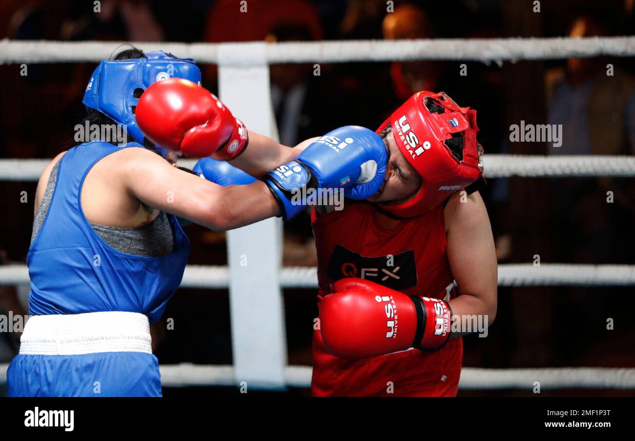 Nepalese women boxers participate in a boxing match organized to mark