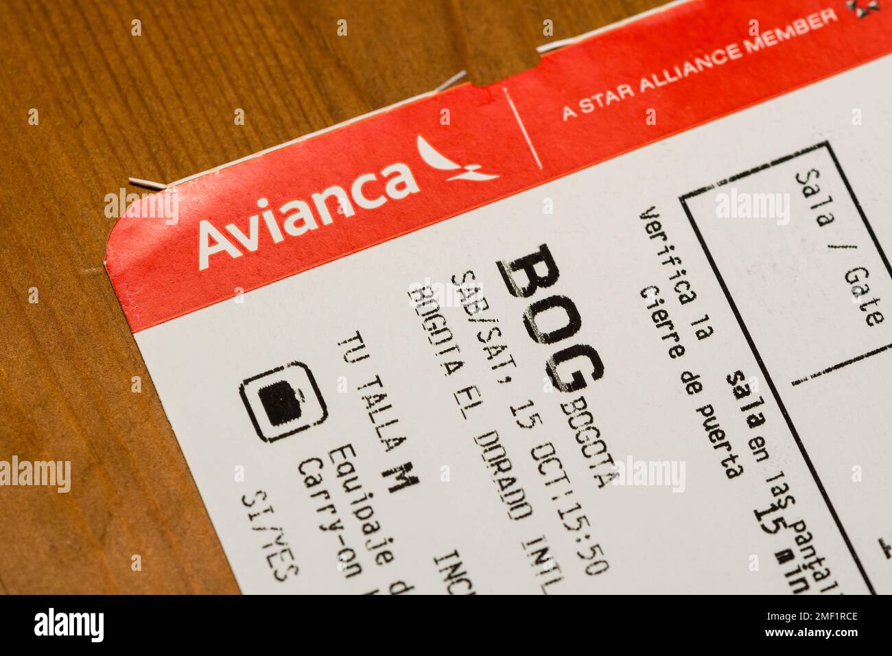 Avianca Boarding pass from Bogotá El Dorado International Airport, Bogotá, Colombia Stock Photo