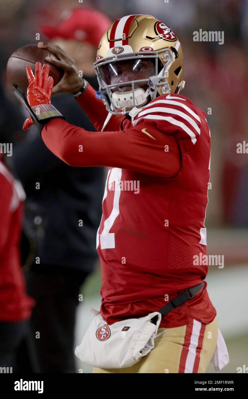 San Francisco 49ers quarterback Josh Johnson (17) throws on the sideline  during an NFL divisional round playoff football game against the Dallas  Cowboys, Sunday, Jan. 22, 2023, in Santa Clara, Calif. (AP