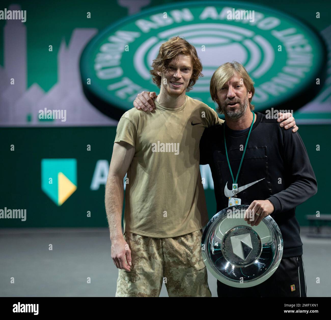Russia's Andrey Rublev, left, and his Spanish coach Fernando Vicente Fibla pose with the trophy after winning in two sets 7-6, 6-4, against Hungary's Marton Fucsovics in the final men's singles match Russia's Andrey Rublev, left, and his Spanish coach Fernando Vicente Fibla pose with the trophy after winning in two sets 7-6, 6-4, against Hungary's Marton Fucsovics in the final men's singles match
