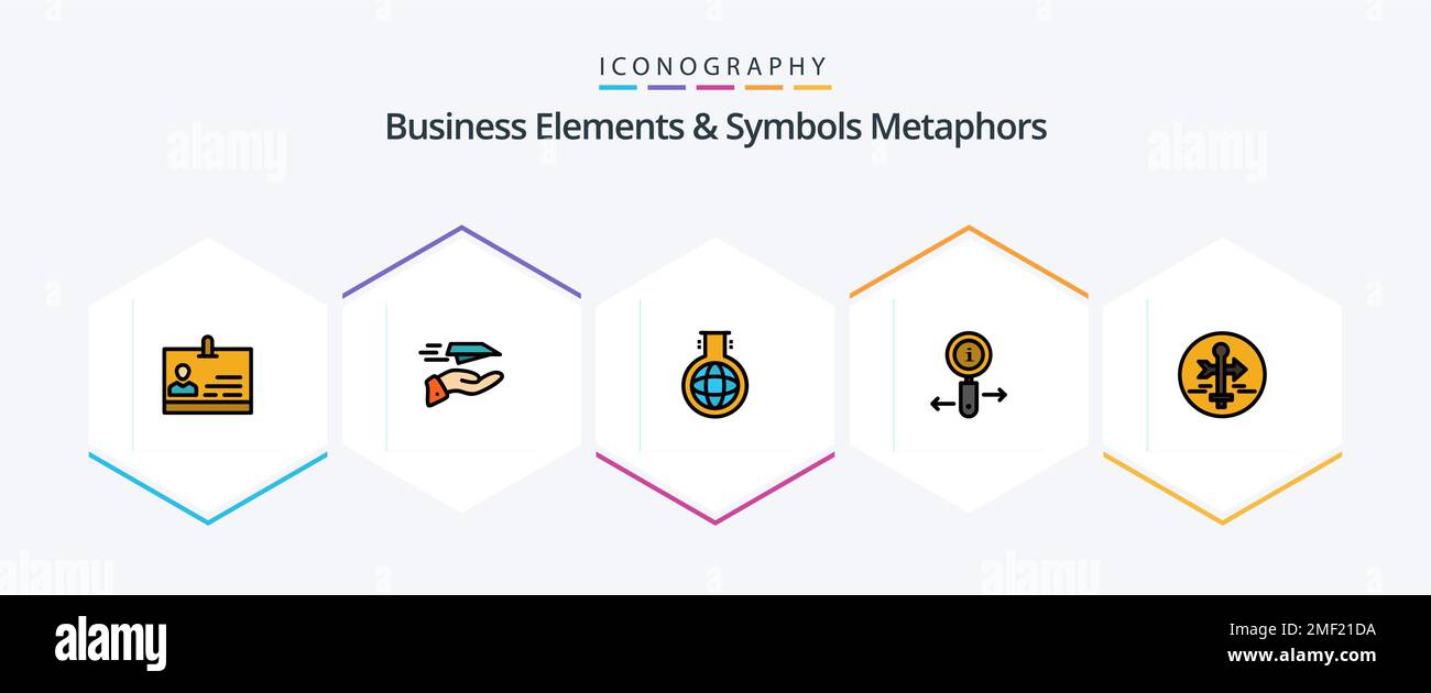 Business Elements And Symbols Metaphors 25 FilledLine icon pack including board. zoom. receive. information. experiment Stock Vector