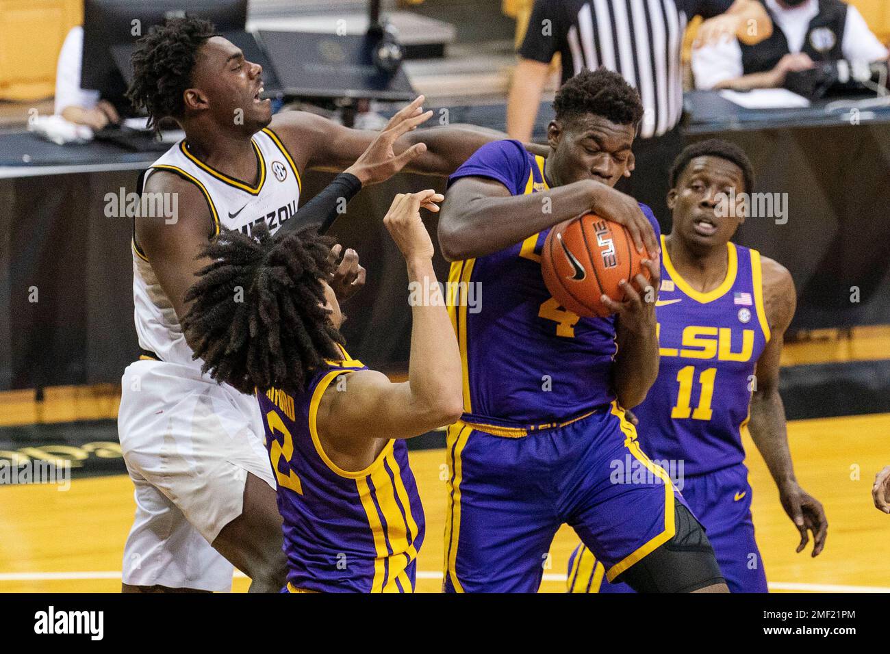 Missouri's Kobe Brown, from left, LSU's Trendon Watford, Darius Days ...