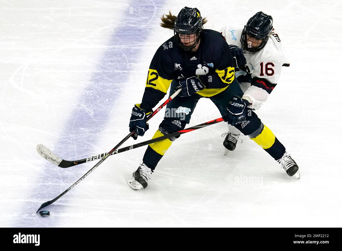 Team Adidas Minnesota's Kelly Pannek, left, battles for the puck against  Women's Sports Foundation New Hampshire's Alexa Gruschow during the second  period of the Dream Gap Tour hockey game at the United