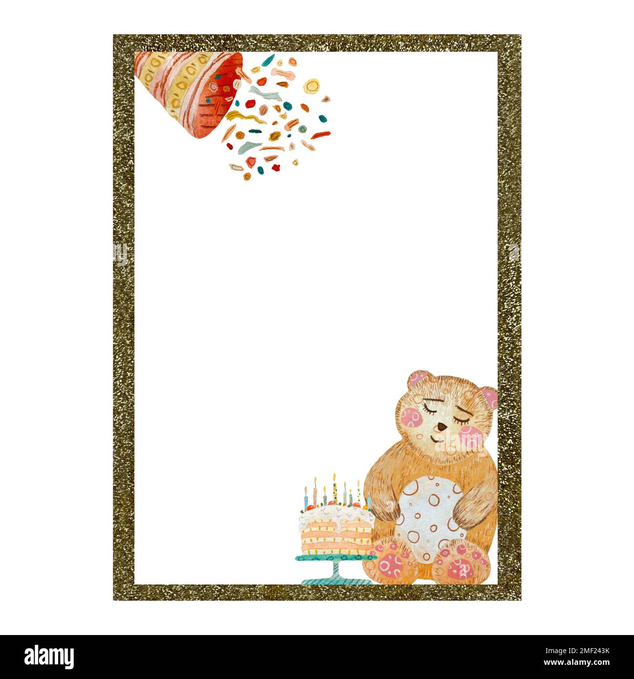 Frame gold bear petard cake watercolor sketch Stock Photo