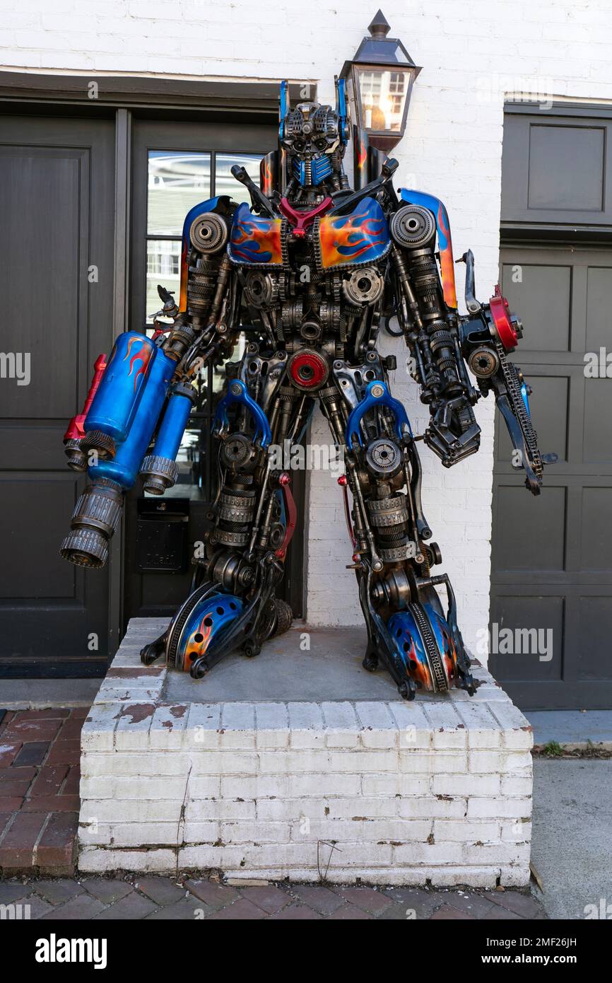 A sculptures of Transformer Optimus Prime is seen at the entrance of