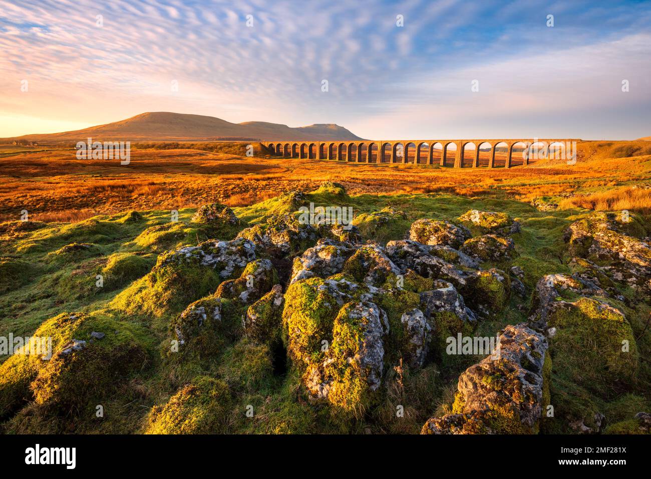 Morning light at The Ribblehead Viaduct with moss covered rocks in foreground, Yorkshire Dales, UK. Stock Photo