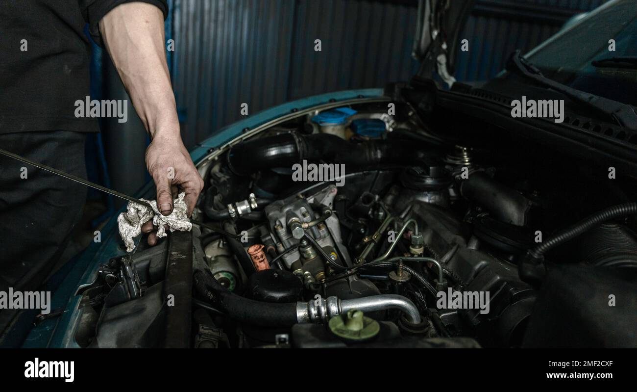 Crop unrecognizable repairman using car's dipstick to measure engine oil level Stock Photo Alamy