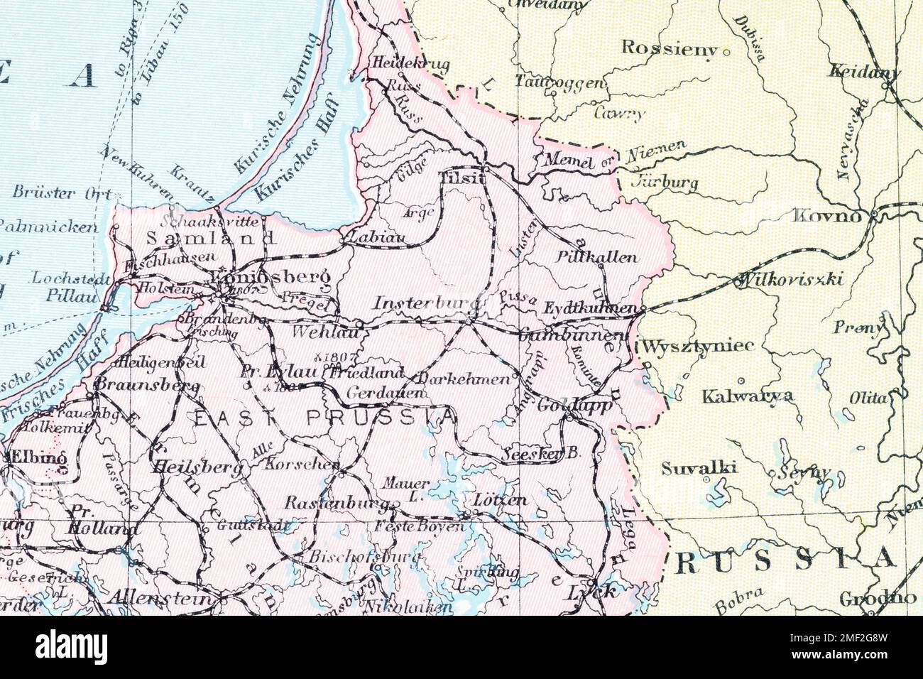 1913 Atlas map of German East Prussia & town of Konigsberg / Kaliningrad, Suwalki Gap / Corridor. Pre-WW1, Russian revolution (1917) & Soviet USSR. Stock Photo