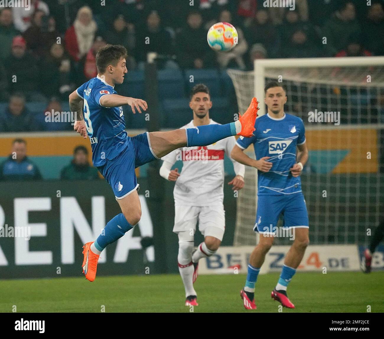 January 24th, 2023, PreZero-Arena, Sinsheim, GER, 1st FBL, TSG 1899  Hoffenheim vs VfB Stuttgart, DFL regulations prohibit any use of  photographs as image sequences and/or quasi-video. in the picture Ihlas  Bebou (Hoffenheim),