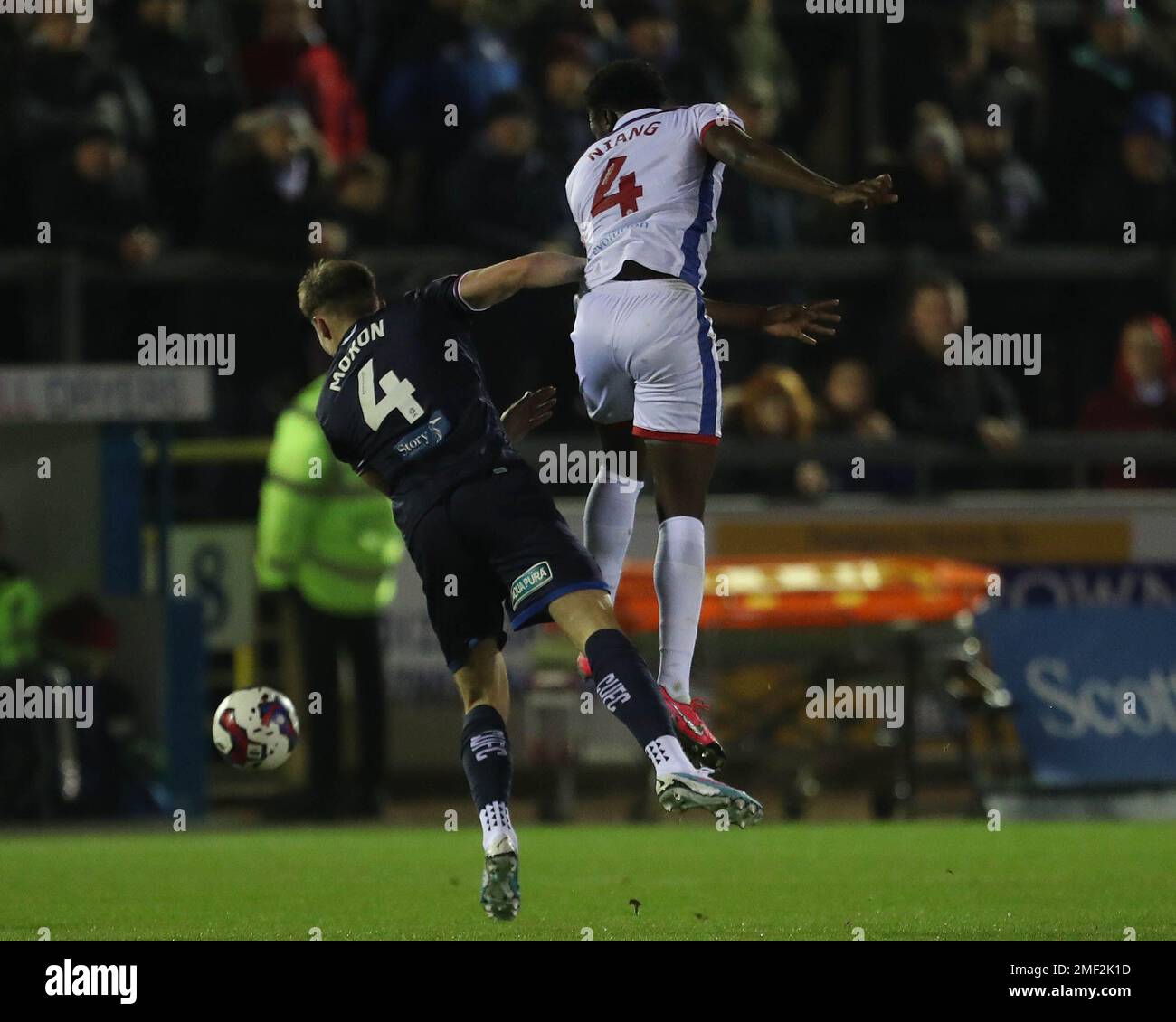 Carlisle, UK. 24th January 2023Hartlepool United's Mouhamed Niang in action with Carlisle United's Owen Moxon during the Sky Bet League 2 match between Carlisle United and Hartlepool United at Brunton Park, Carlisle on Tuesday 24th January 2023. (Credit: Mark Fletcher | MI News) Credit: MI News & Sport /Alamy Live News Stock Photo