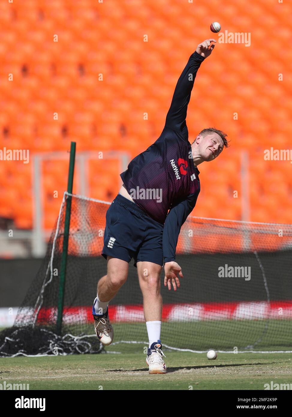 England's Dom Bess bowls during a training session ahead of the fourth ...
