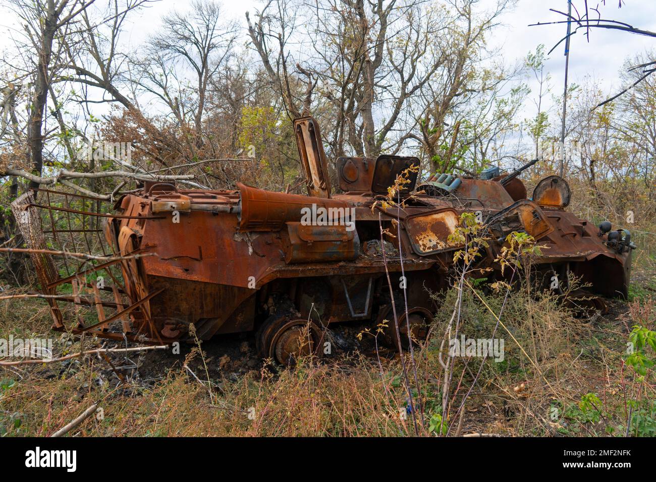 Countryside. Destroyed burnt combat vehicle in a forest area. War in Ukraine. Russian invasion of Ukraine Stock Photo