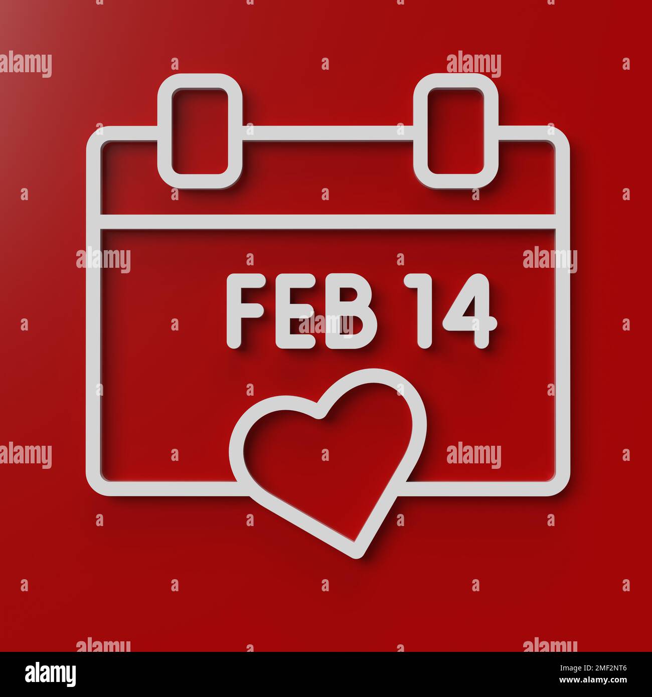 3D rendered heart symbol and feb 14 calendar date on red background