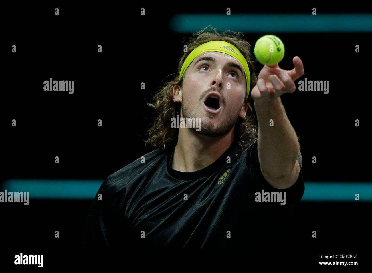 Greeces Stefanos Tsitsipas serves against Egor Gerasimov of Belarus in their first round mens singles match of the ABN AMRO world tennis tournament at Ahoy Arena in Rotterdam, Netherlands, Tuesday, March 2,