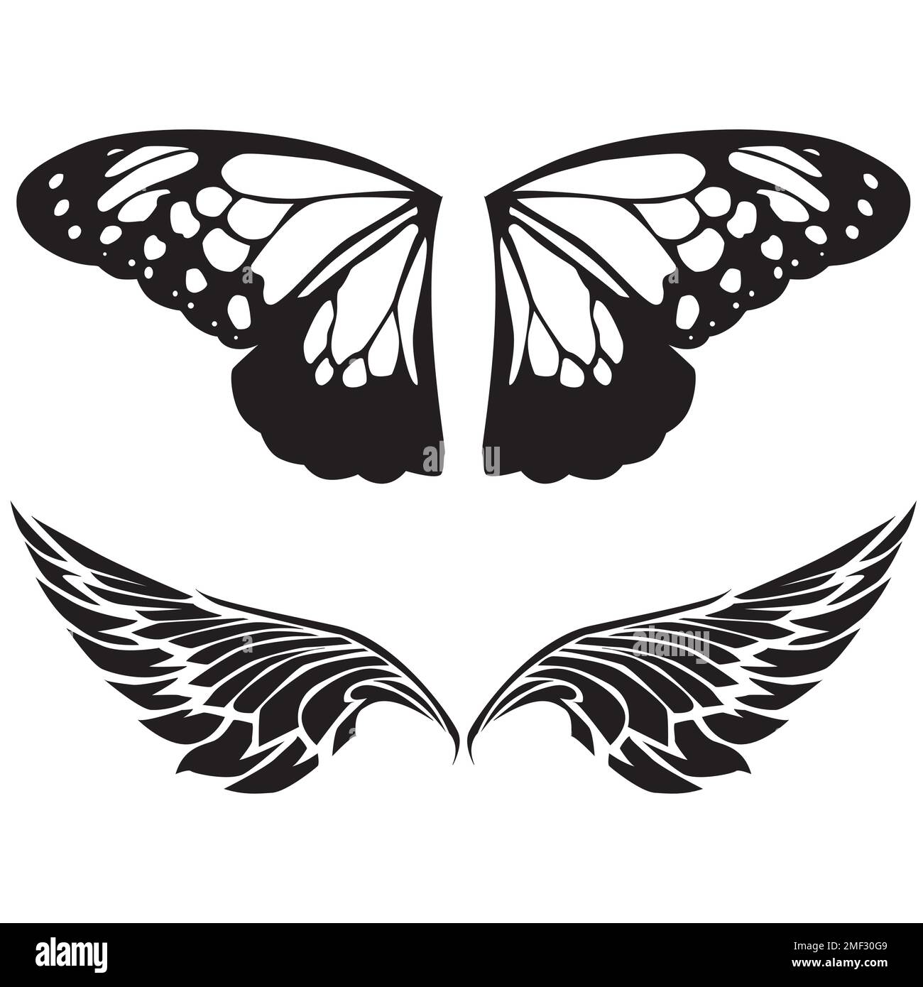 Black butterfly wings and black bird wings isolated on a white background, tattoo Stock Vector