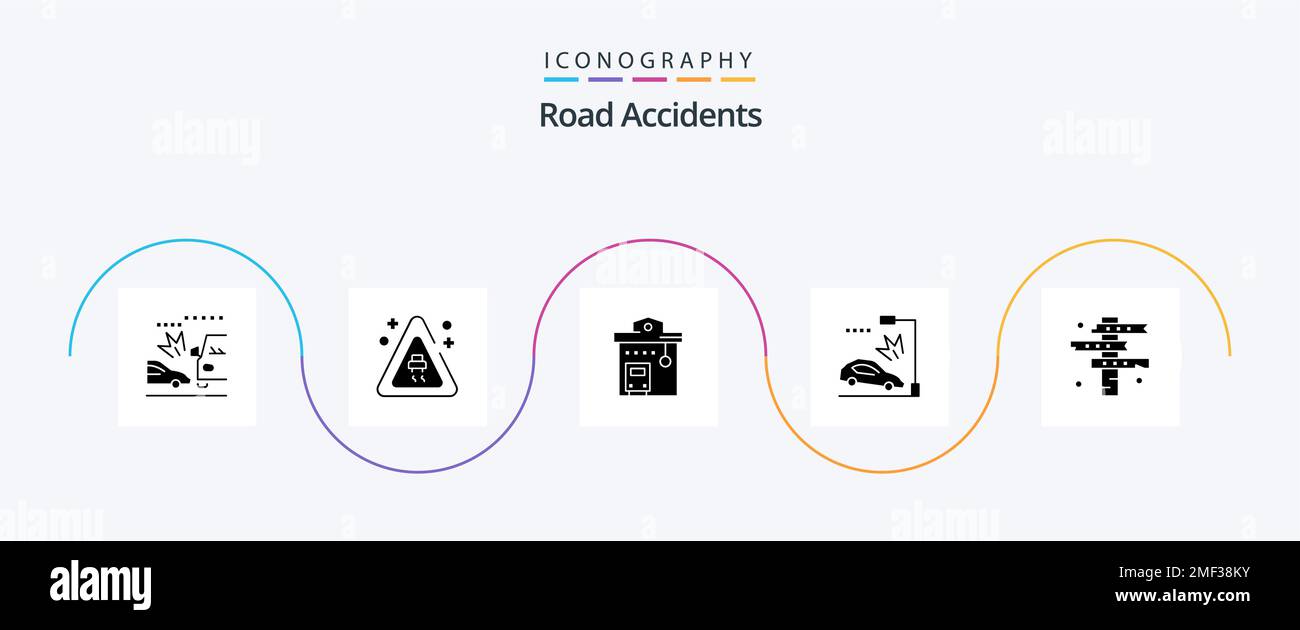 Road Accidents Glyph 5 Icon Pack Including crossroads. lamppost. bus
