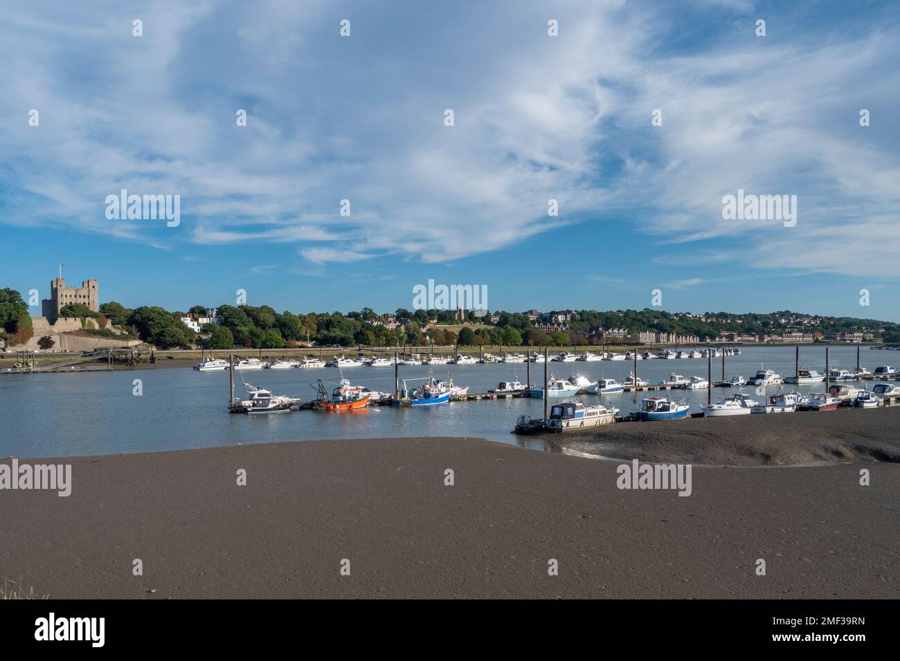 View over boats of Strood Yacht Club on the River Medway, Rochester, Kent, UK. Stock Photo